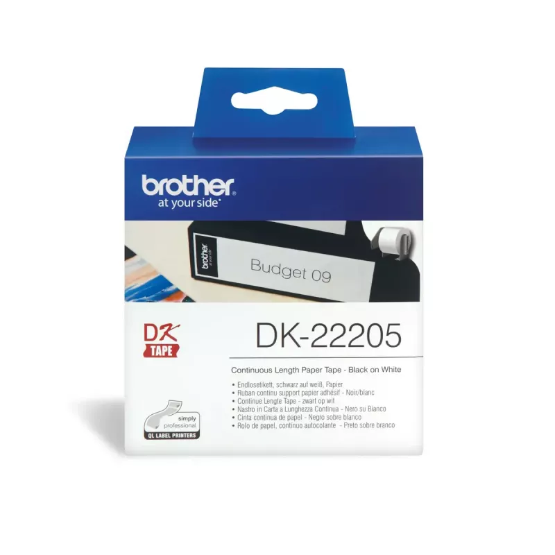 Nepārtrauktā etiķete Brother DK22205 Melna uz balta 6.2cm x 30.48m
