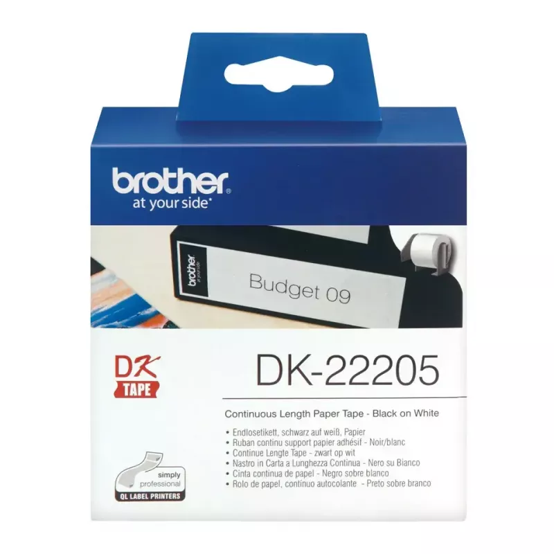 Nepārtrauktā etiķete Brother DK22205 Melna uz balta 6.2cm x 30.48m