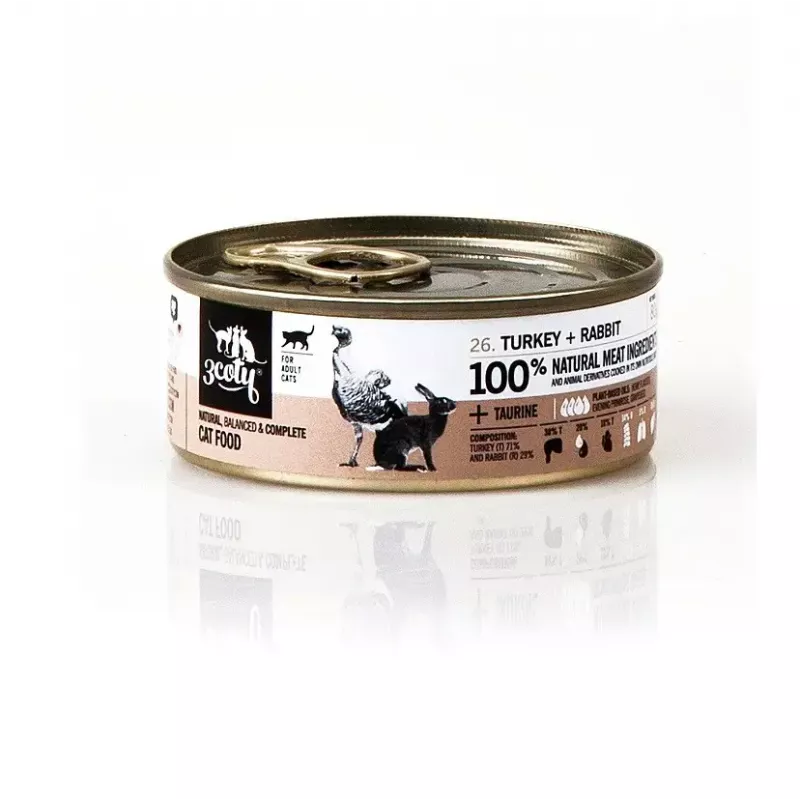 Mitrā kaķu barība 3coty Tītars ar trušu gaļu, 80 g bundžiņa — pilnvērtīga barība pieaugušiem kaķiem, olbaltumvielas 20%, tauki 9%