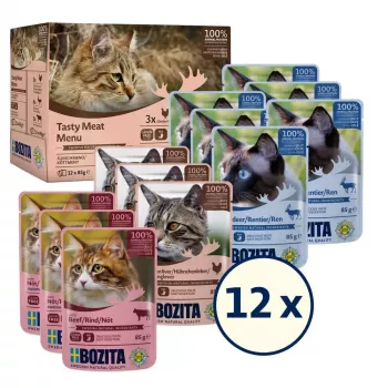 Mitrā kaķu barība BOZITA 9116321 12 × 85 g — bez graudiem pieaugušiem kaķiem paciņās ar liellopu gaļu, brieža gaļu, vistas aknām (mitra, 82% mitrums)