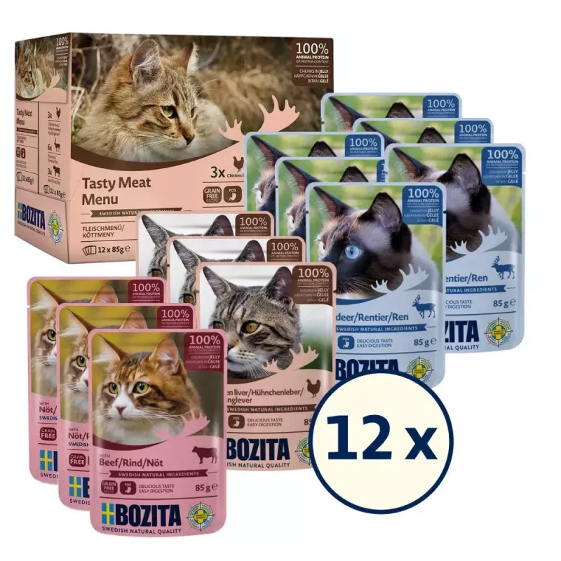 Mitrā kaķu barība BOZITA 9116321 12 × 85 g — bez graudiem pieaugušiem kaķiem paciņās ar liellopu gaļu, brieža gaļu, vistas aknām (mitra, 82% mitrums)