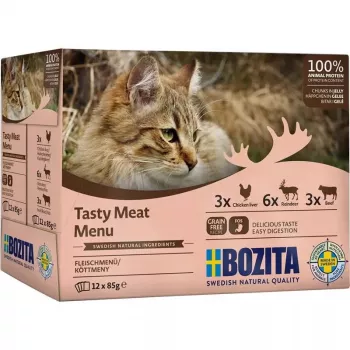 Mitrā kaķu barība BOZITA 9116321 12 × 85 g — bez graudiem pieaugušiem kaķiem paciņās ar liellopu gaļu, brieža gaļu, vistas aknām (mitra, 82% mitrums)