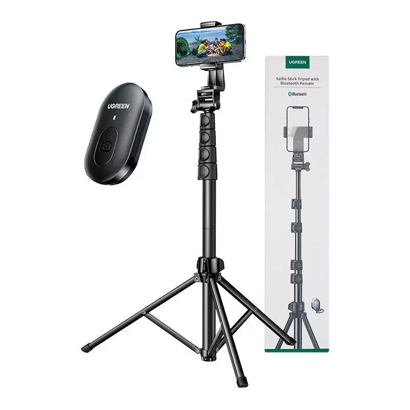 Selfie stick UGREEN LP680 Bluetooth with remote, extension up to 1.7 m, max height 180 cm, universal compatibility, Melns