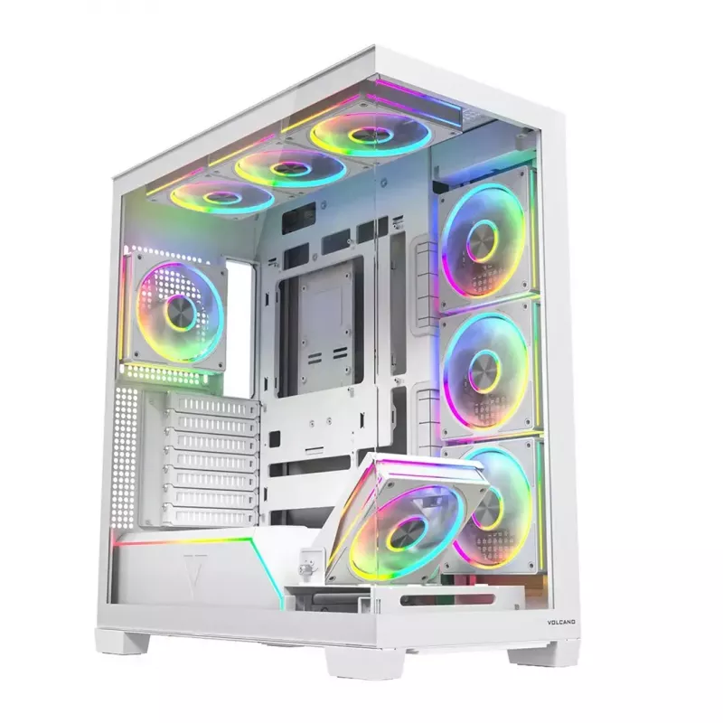 PC case MODECOM VOLCANO STELLAR PLUS ARGB MIDI 8F balta — mid-tower, ATX, rūdīts stikls, ARGB apgaismojums, 8 ventilatori, GPU līdz 42 cm