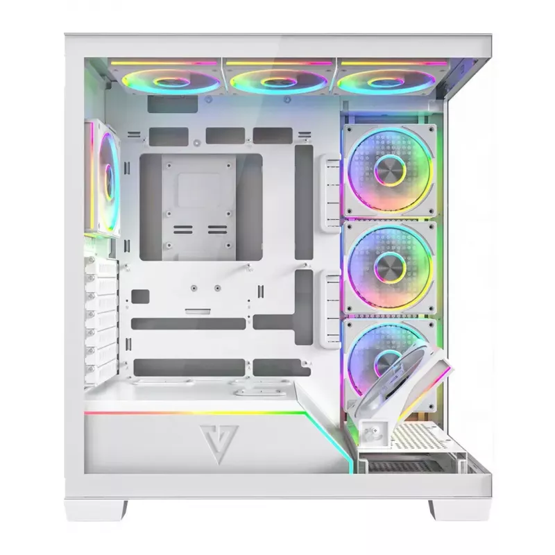 PC case MODECOM VOLCANO STELLAR PLUS ARGB MIDI 8F balta — mid-tower, ATX, rūdīts stikls, ARGB apgaismojums, 8 ventilatori, GPU līdz 42 cm