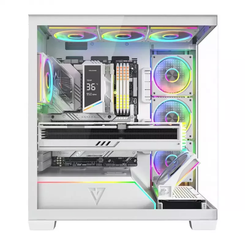 PC case MODECOM VOLCANO STELLAR PLUS ARGB MIDI 8F balta — mid-tower, ATX, rūdīts stikls, ARGB apgaismojums, 8 ventilatori, GPU līdz 42 cm