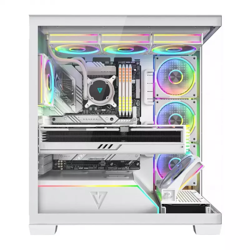 PC case MODECOM VOLCANO STELLAR PLUS ARGB MIDI 8F balta — mid-tower, ATX, rūdīts stikls, ARGB apgaismojums, 8 ventilatori, GPU līdz 42 cm
