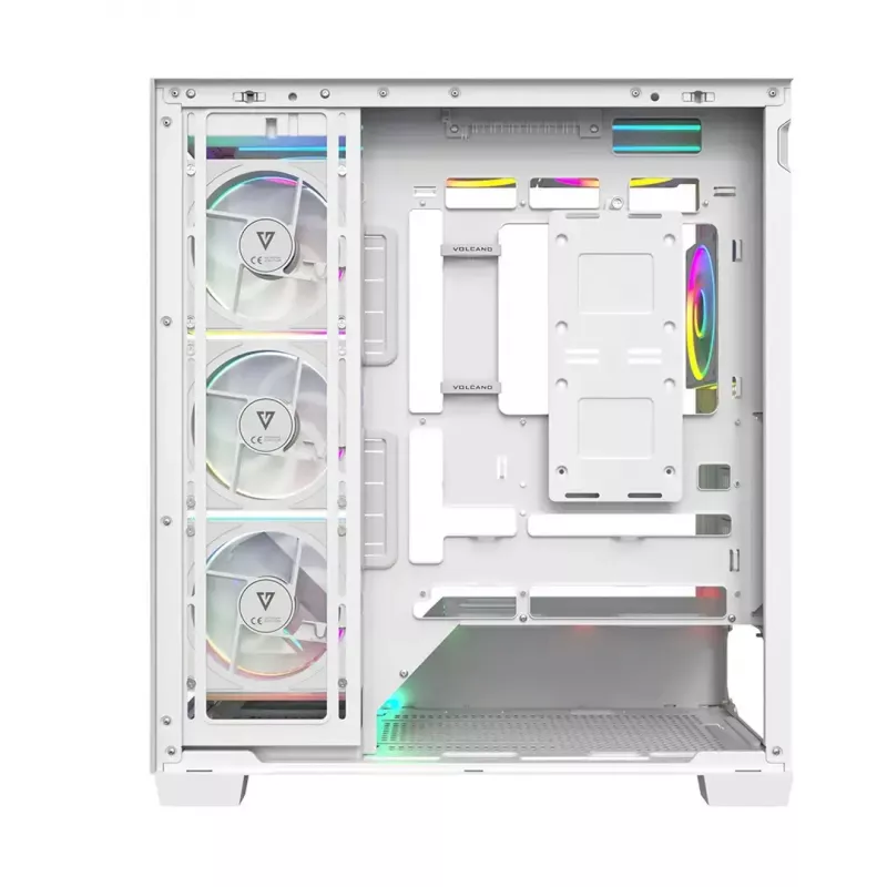 PC case MODECOM VOLCANO STELLAR PLUS ARGB MIDI 8F balta — mid-tower, ATX, rūdīts stikls, ARGB apgaismojums, 8 ventilatori, GPU līdz 42 cm