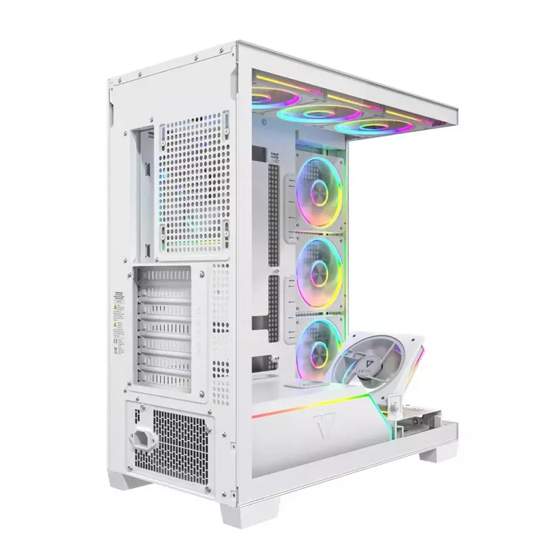 PC case MODECOM VOLCANO STELLAR PLUS ARGB MIDI 8F balta — mid-tower, ATX, rūdīts stikls, ARGB apgaismojums, 8 ventilatori, GPU līdz 42 cm