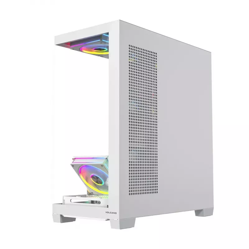 PC case MODECOM VOLCANO STELLAR PLUS ARGB MIDI 8F balta — mid-tower, ATX, rūdīts stikls, ARGB apgaismojums, 8 ventilatori, GPU līdz 42 cm