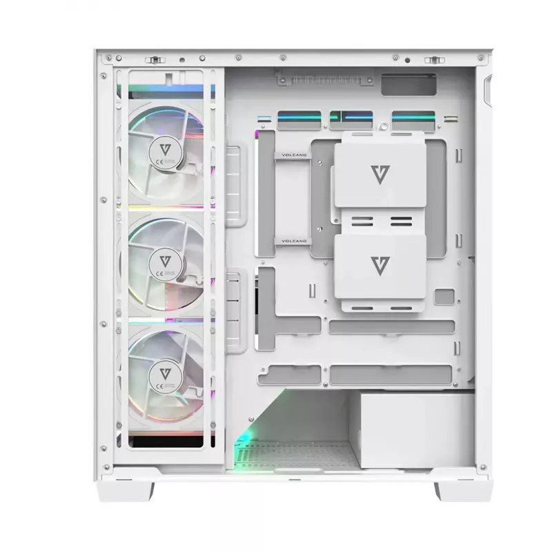 PC case MODECOM VOLCANO STELLAR PLUS ARGB MIDI 8F balta — mid-tower, ATX, rūdīts stikls, ARGB apgaismojums, 8 ventilatori, GPU līdz 42 cm