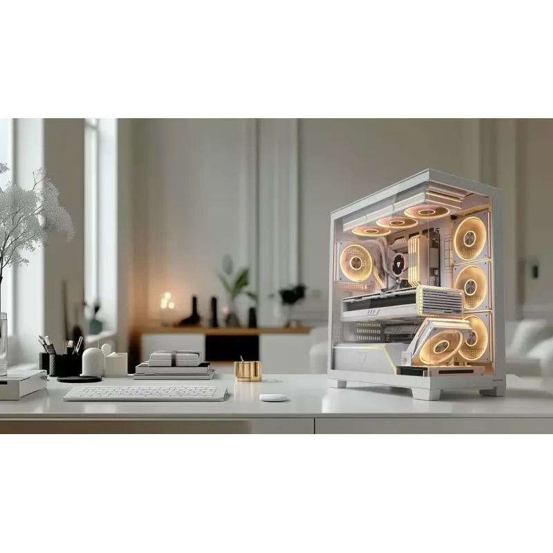 PC case MODECOM VOLCANO STELLAR PLUS ARGB MIDI 8F balta — mid-tower, ATX, rūdīts stikls, ARGB apgaismojums, 8 ventilatori, GPU līdz 42 cm