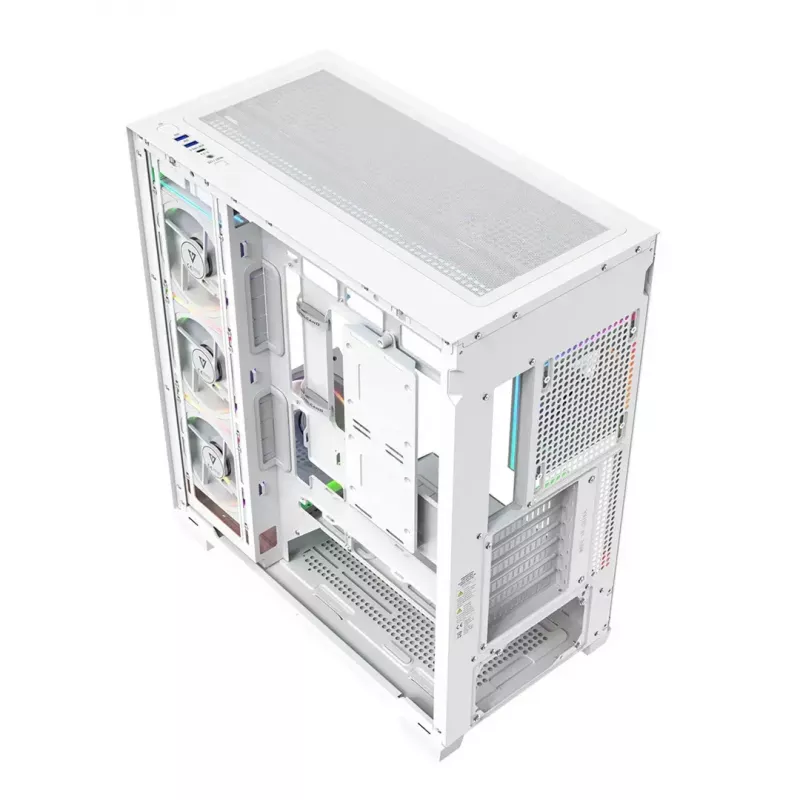 PC case MODECOM VOLCANO STELLAR PLUS ARGB MIDI 8F balta — mid-tower, ATX, rūdīts stikls, ARGB apgaismojums, 8 ventilatori, GPU līdz 42 cm