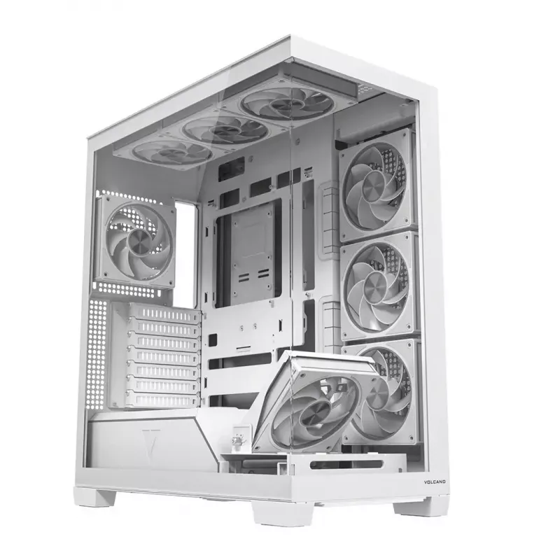 PC case MODECOM VOLCANO STELLAR PLUS ARGB MIDI 8F balta — mid-tower, ATX, rūdīts stikls, ARGB apgaismojums, 8 ventilatori, GPU līdz 42 cm
