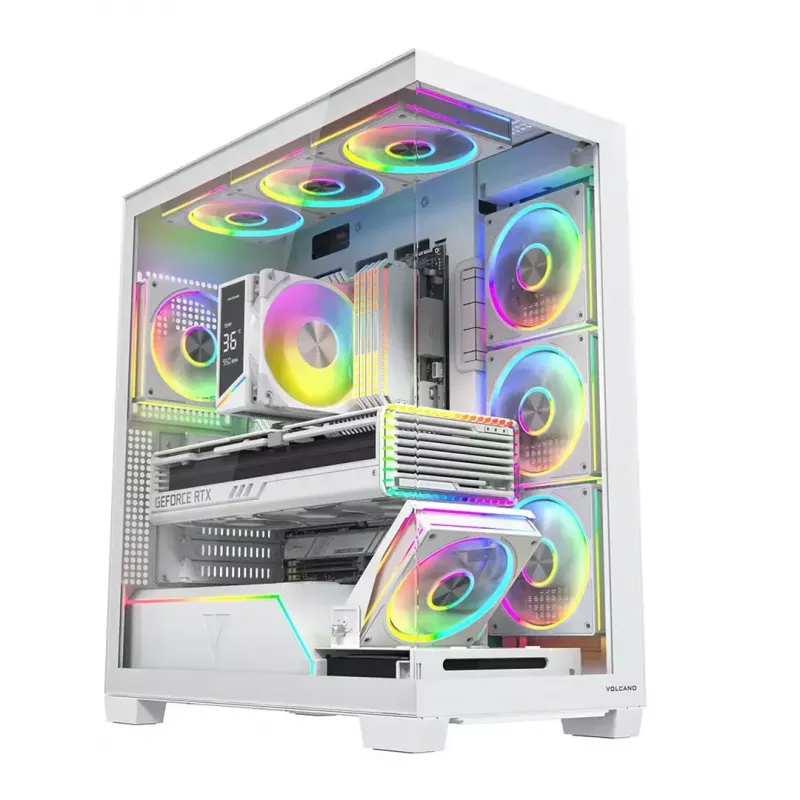 PC case MODECOM VOLCANO STELLAR PLUS ARGB MIDI 8F balta — mid-tower, ATX, rūdīts stikls, ARGB apgaismojums, 8 ventilatori, GPU līdz 42 cm