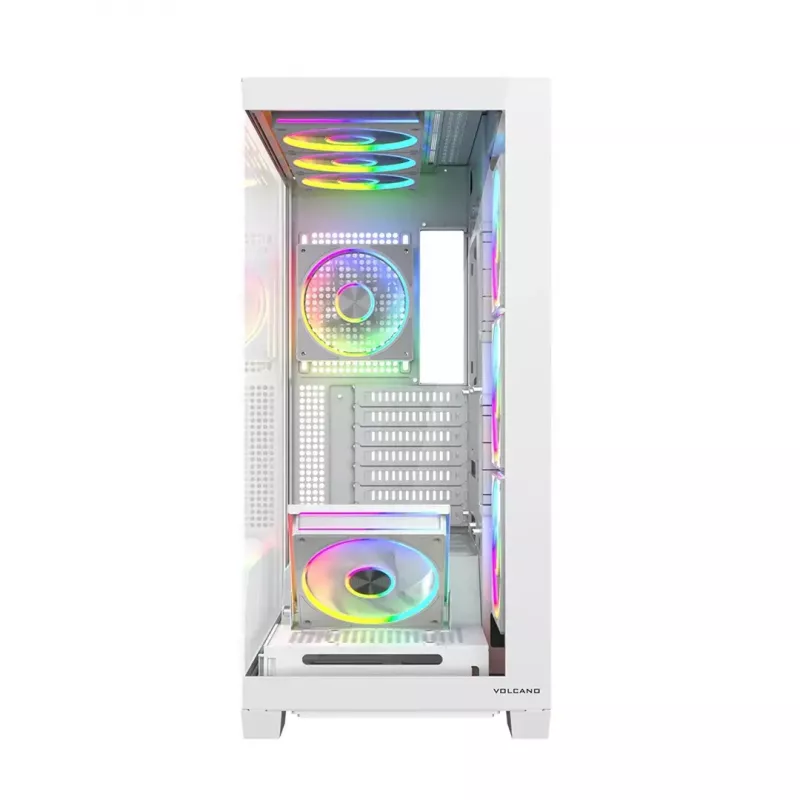 PC case MODECOM VOLCANO STELLAR PLUS ARGB MIDI 8F balta — mid-tower, ATX, rūdīts stikls, ARGB apgaismojums, 8 ventilatori, GPU līdz 42 cm