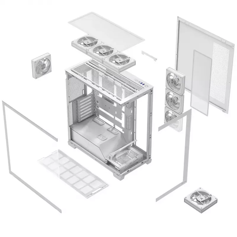 PC case MODECOM VOLCANO STELLAR PLUS ARGB MIDI 8F balta — mid-tower, ATX, rūdīts stikls, ARGB apgaismojums, 8 ventilatori, GPU līdz 42 cm