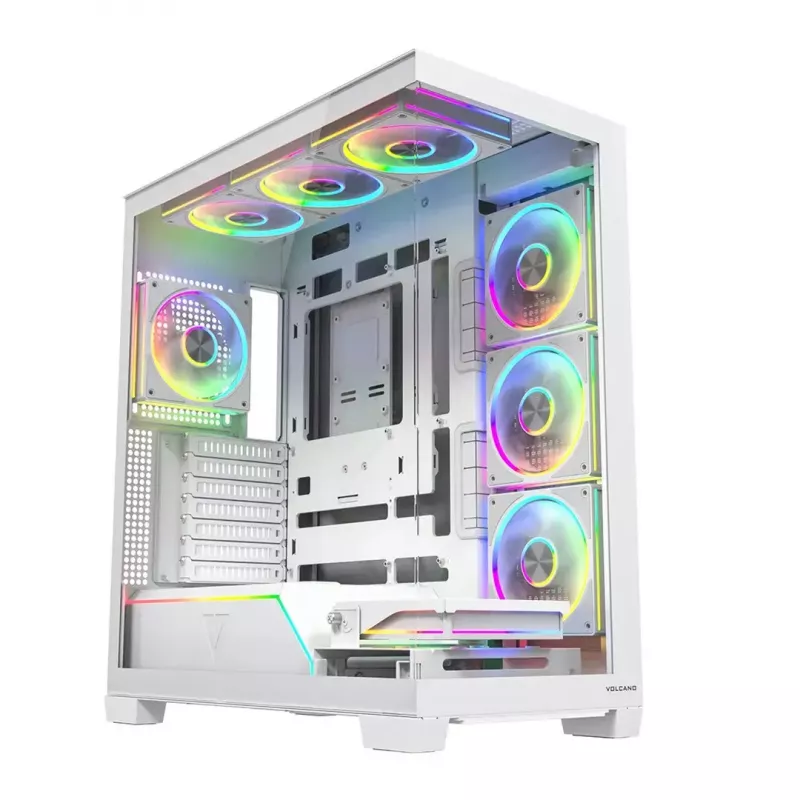 PC case MODECOM VOLCANO STELLAR PLUS ARGB MIDI 8F balta — mid-tower, ATX, rūdīts stikls, ARGB apgaismojums, 8 ventilatori, GPU līdz 42 cm