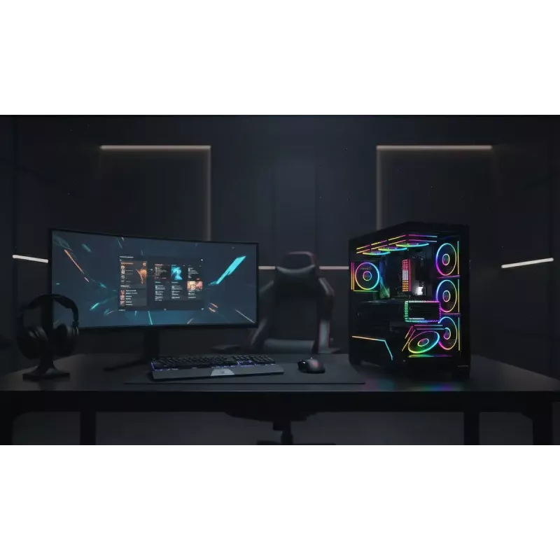 PC vidējā torņa korpuss MODECOM VOLCANO STELLAR PLUS ARGB MIDI, 5 priekšējie ventilatori, rūdīts stikls, USB-C
