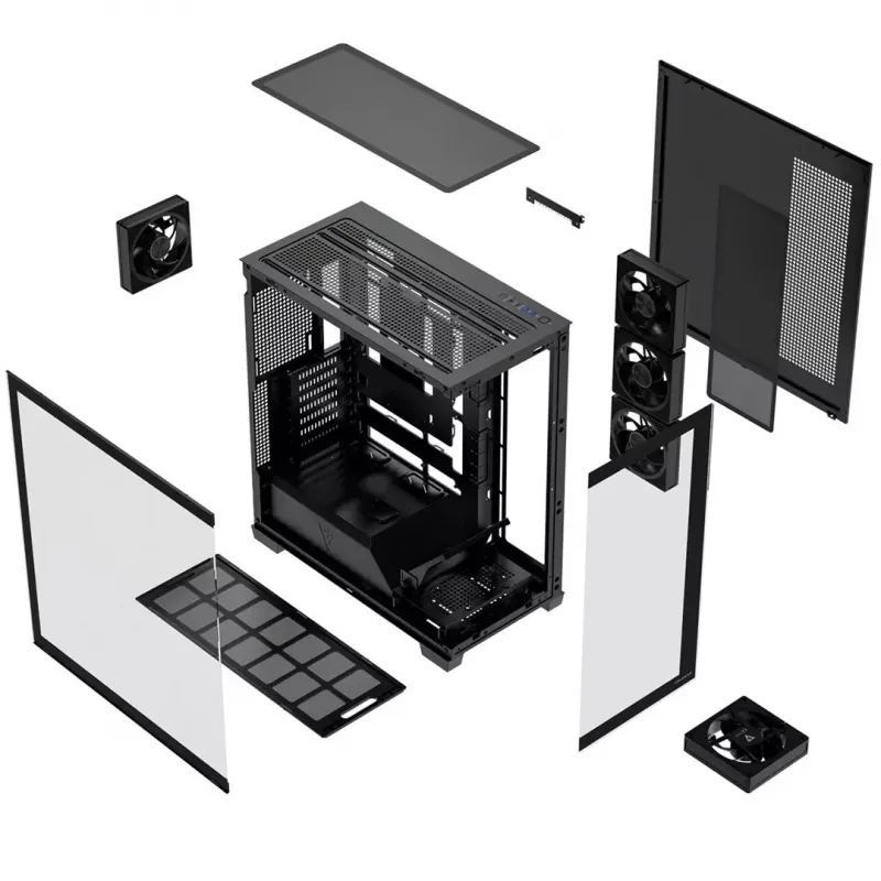 PC vidējā torņa korpuss MODECOM VOLCANO STELLAR PLUS ARGB MIDI, 5 priekšējie ventilatori, rūdīts stikls, USB-C