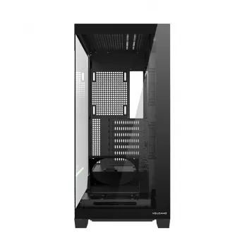 PC korpuss MODECOM VOLCANO STELLAR PLUS MIDI MELNS — mid-tower ATX, rūdīts stikls, USB-C, atbalsta līdz 420 mm GPU