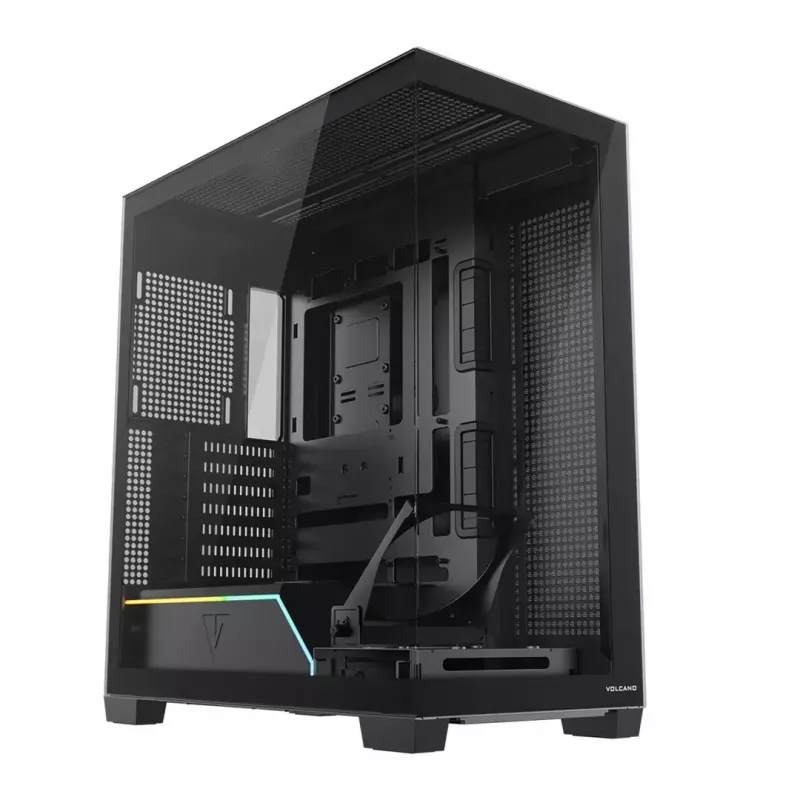PC korpuss MODECOM VOLCANO STELLAR PLUS MIDI MELNS — mid-tower ATX, rūdīts stikls, USB-C, atbalsta līdz 420 mm GPU