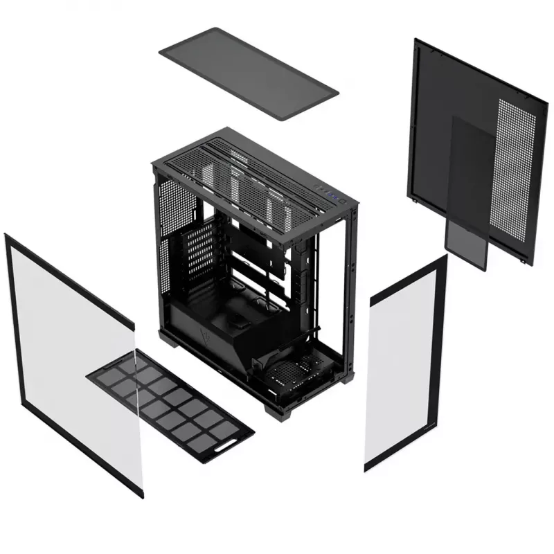 PC korpuss MODECOM VOLCANO STELLAR PLUS MIDI MELNS — mid-tower ATX, rūdīts stikls, USB-C, atbalsta līdz 420 mm GPU