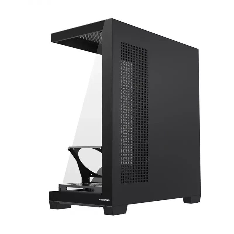 PC korpuss MODECOM VOLCANO STELLAR PLUS MIDI MELNS — mid-tower ATX, rūdīts stikls, USB-C, atbalsta līdz 420 mm GPU