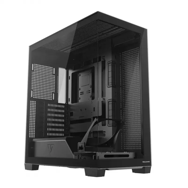 PC korpuss MODECOM VOLCANO STELLAR PLUS MIDI MELNS — mid-tower ATX, rūdīts stikls, USB-C, atbalsta līdz 420 mm GPU