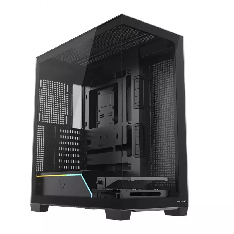 PC korpuss MODECOM VOLCANO STELLAR PLUS MIDI MELNS — mid-tower ATX, rūdīts stikls, USB-C, atbalsta līdz 420 mm GPU