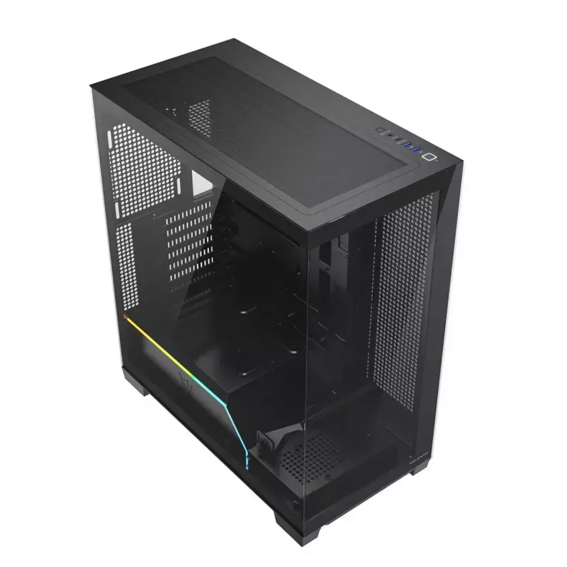 PC korpuss MODECOM VOLCANO STELLAR PLUS MIDI MELNS — mid-tower ATX, rūdīts stikls, USB-C, atbalsta līdz 420 mm GPU