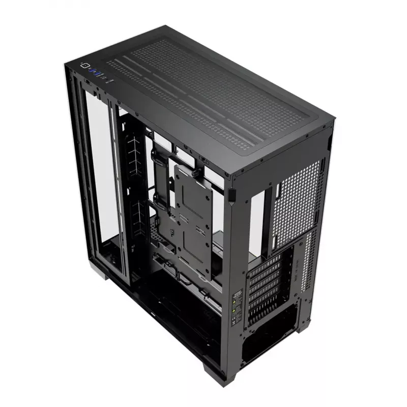 PC korpuss MODECOM VOLCANO STELLAR PLUS MIDI MELNS — mid-tower ATX, rūdīts stikls, USB-C, atbalsta līdz 420 mm GPU