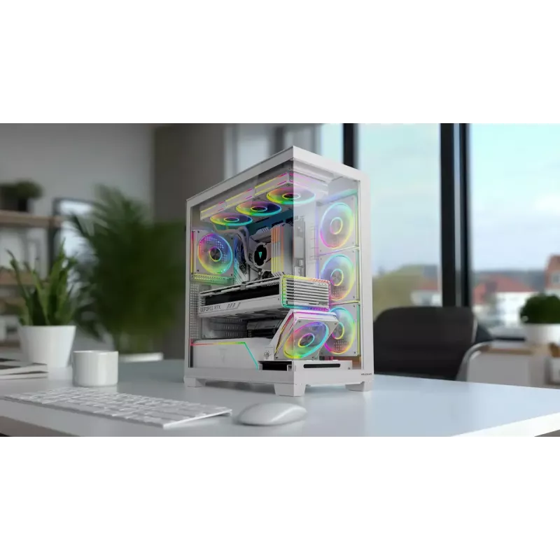PC korpuss MODECOM VOLCANO STELLAR PLUS MIDI BALTS — Midi Tower, microATX, rūdīts stikls, USB-C, atbalsta GPU 420 mm