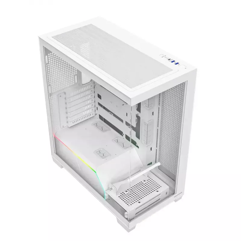 PC korpuss MODECOM VOLCANO STELLAR PLUS MIDI BALTS — Midi Tower, microATX, rūdīts stikls, USB-C, atbalsta GPU 420 mm