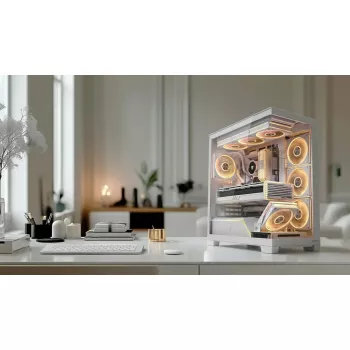 PC korpuss MODECOM VOLCANO STELLAR PLUS MIDI BALTS — Midi Tower, microATX, rūdīts stikls, USB-C, atbalsta GPU 420 mm
