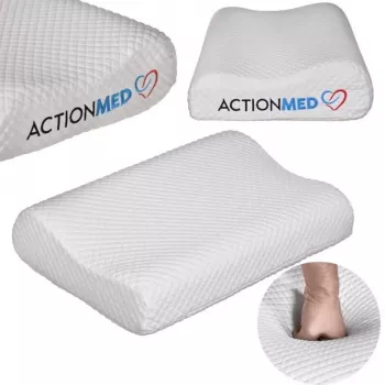 Ortopēdiskais kakla spilvens ActionMed CERVICAL MED PILLOW PO100AM — putu pildījums, 550×360×120 mm, mazgājams pārvalks, balts