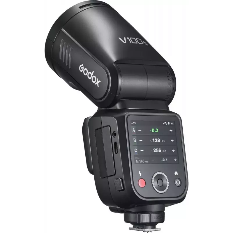 Zibspuldze Godox V100 priekš Sony — pārnēsājama 100 Ws kameras zibspuldze, iebūvēts uzlādējams akumulators