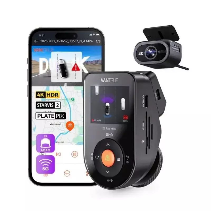 Automašīnas videoreģistrators VANTRUE S1PRO MAX — kompakts 2 kanālu reģistrators, 3840×2160 F/1.8, 155° galvenais, Wi‑Fi, GPS, 2 collu displejs, stāvēšanas režīms, microSD līdz 1 TB