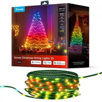 Viedās virkņu gaismas Govee 2S 20 m, Wi‑Fi/Bluetooth, zaļa, 20 m garums, 2,5 m strāvas kabelis, 6 mm platums
