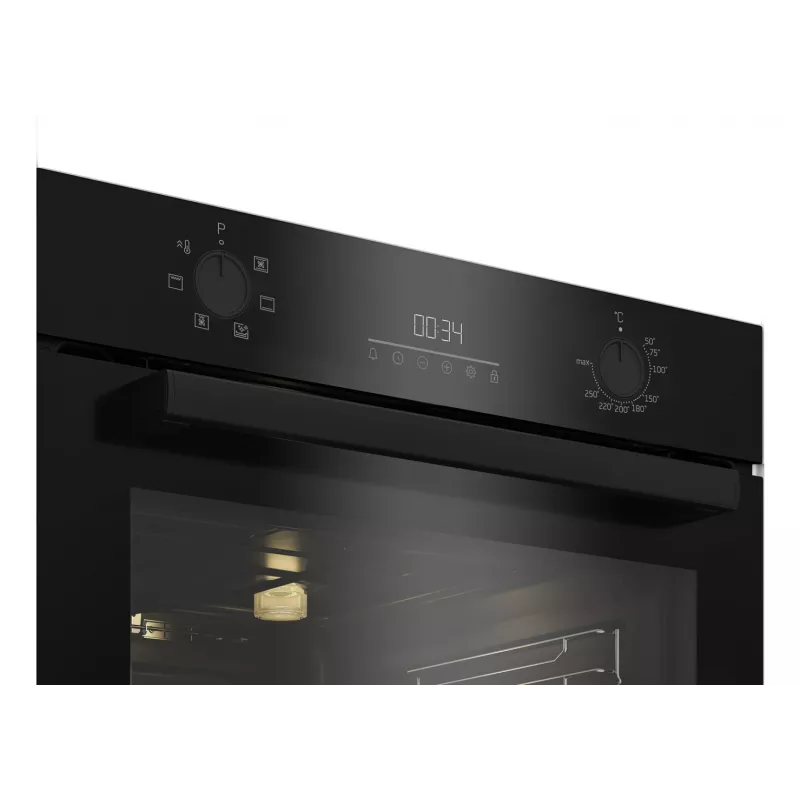 Iebūvējamā elektriskā cepeškrāsns BEKO BBIE123001BD — 72 L, 2400 W, LED displejs, iebīdāmās pogas, tvaika pašattīrīšanās, melna