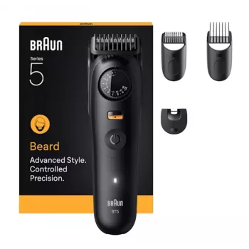 Bārdas trimmeris BRAUN BT5520 — 0,5–20 mm, 40 garuma soļi, uzlādējams, 120 min baterija, melns