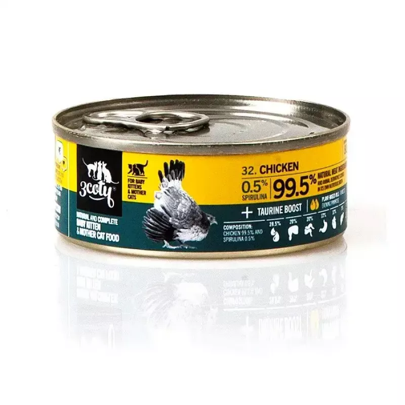 Mitrā kaķu barība 3coty ar vistu un spirulīnu kaķēniem un zīdījošām kaķenēm 80 g, pilnvērtīga barība, 19% proteīna, 8% tauku