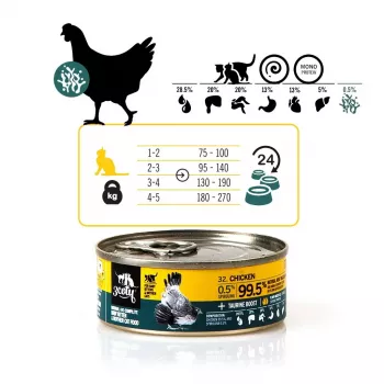 Mitrā kaķu barība 3coty ar vistu un spirulīnu kaķēniem un zīdījošām kaķenēm 80 g, pilnvērtīga barība, 19% proteīna, 8% tauku