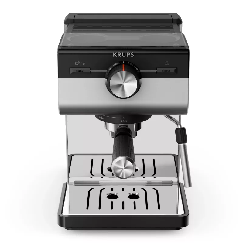 Espresso kafijas automāts KRUPS XP384E10 — pusautomātisks, 2 l ūdens tvertne, 2 krūzīšu ietilpība, melns/nerūsējošais tērauds