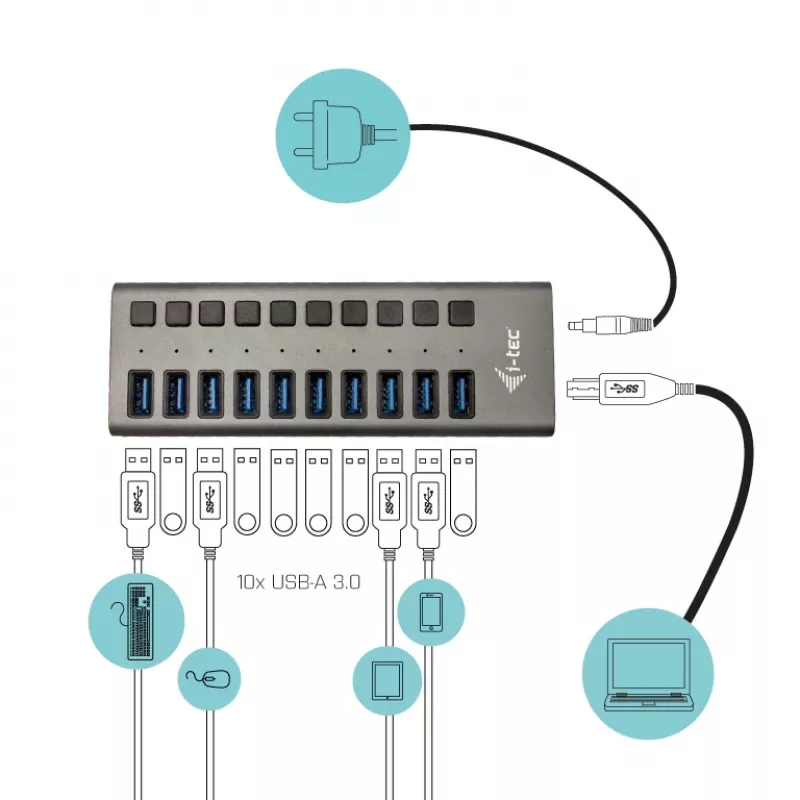 i-tec USB 3.0 uzlādes HUB 10 porti + Strāvas adapteris 48 W