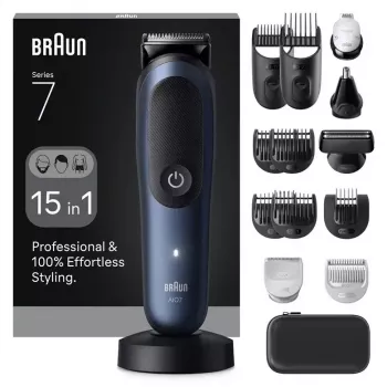 Elektriskais skuveklis BRAUN All-in-One AIO7580 — bezvadu uzlādējams, piemērots mitrai un sausai lietošanai, darbības laiks līdz 120 min, 21 garuma pakāpju, visa ķermeņa kopšanai