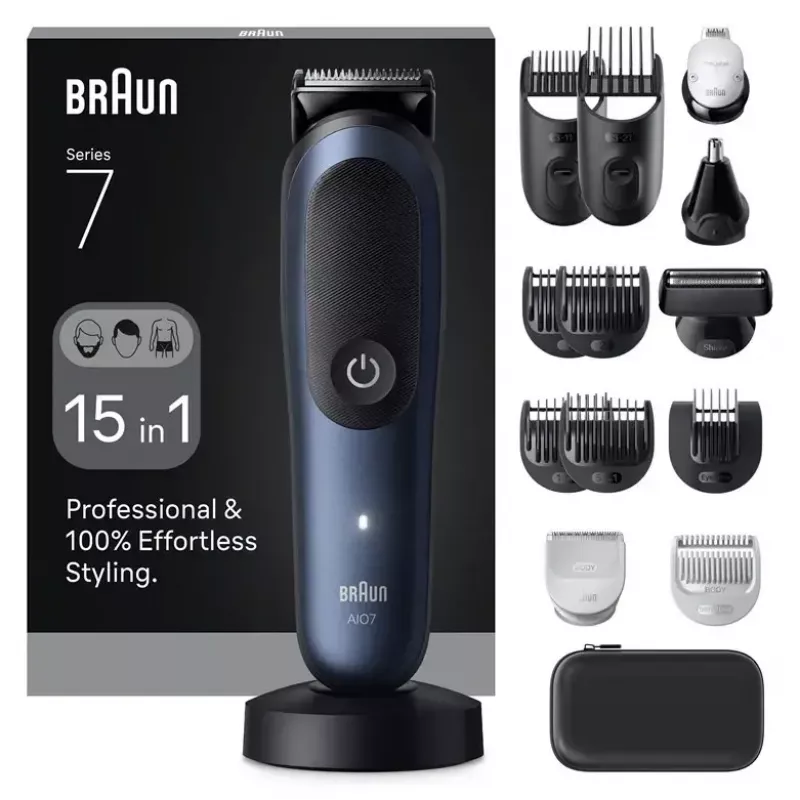 Elektriskais skuveklis BRAUN All-in-One AIO7580 — bezvadu uzlādējams, piemērots mitrai un sausai lietošanai, darbības laiks līdz 120 min, 21 garuma pakāpju, visa ķermeņa kopšanai