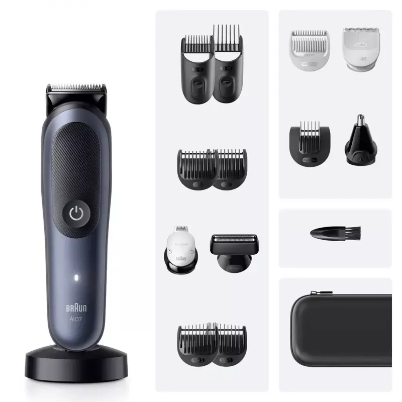 Elektriskais skuveklis BRAUN All-in-One AIO7580 — bezvadu uzlādējams, piemērots mitrai un sausai lietošanai, darbības laiks līdz 120 min, 21 garuma pakāpju, visa ķermeņa kopšanai