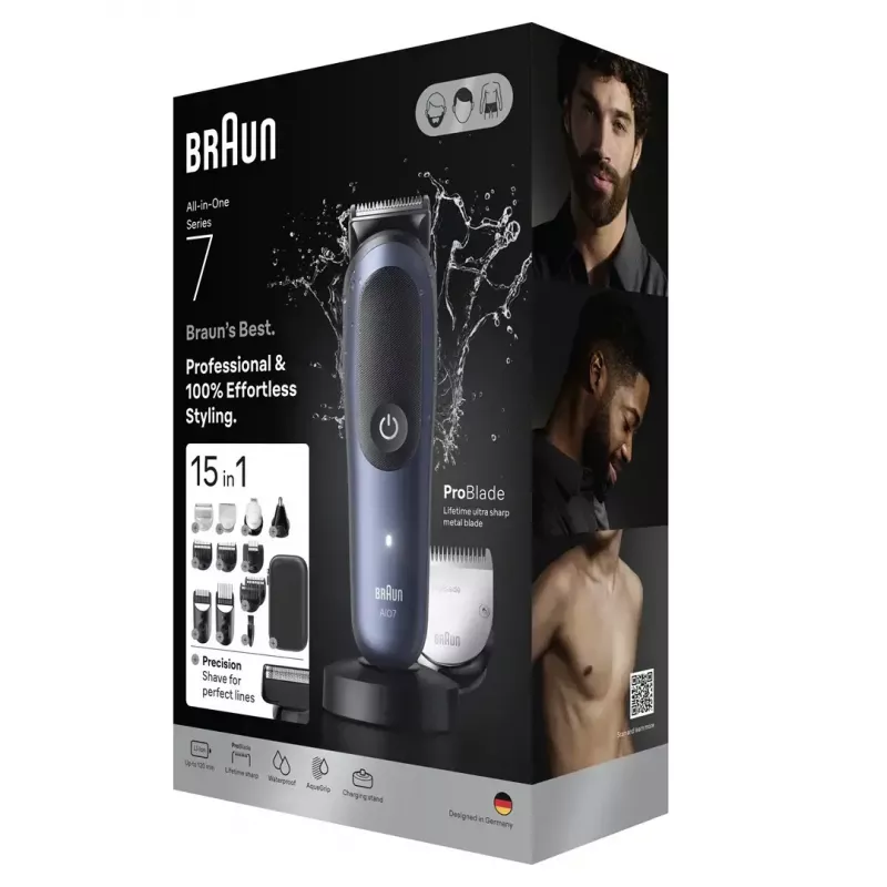 Elektriskais skuveklis BRAUN All-in-One AIO7580 — bezvadu uzlādējams, piemērots mitrai un sausai lietošanai, darbības laiks līdz 120 min, 21 garuma pakāpju, visa ķermeņa kopšanai