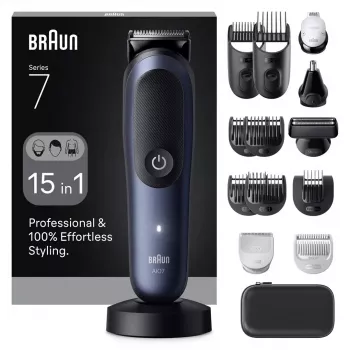 Elektriskais skuveklis BRAUN All-in-One AIO7580 — bezvadu uzlādējams, piemērots mitrai un sausai lietošanai, darbības laiks līdz 120 min, 21 garuma pakāpju, visa ķermeņa kopšanai